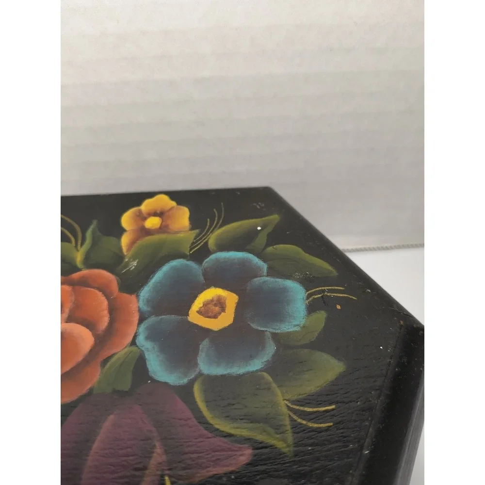Vintage Black Wood Box Signed Hand Painted Flower Design ~ Jewelry Trinket Gift